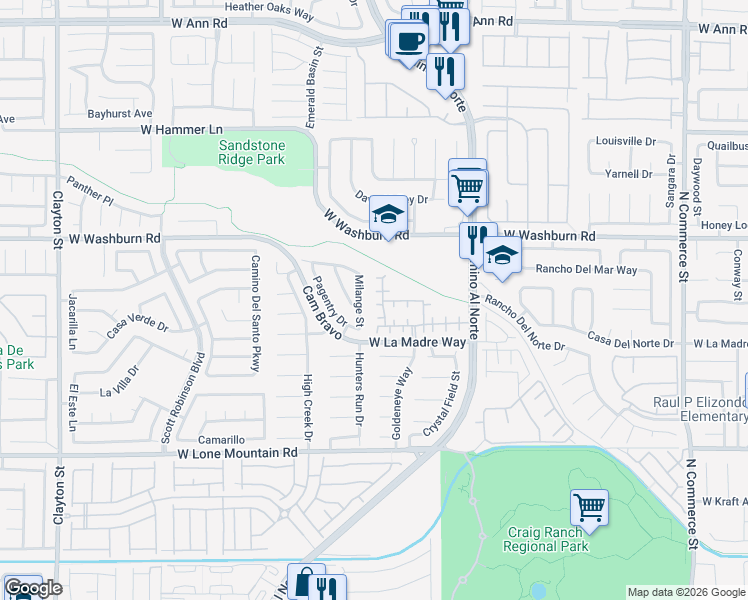 map of restaurants, bars, coffee shops, grocery stores, and more near 5045 Bayberry Crest Street in North Las Vegas