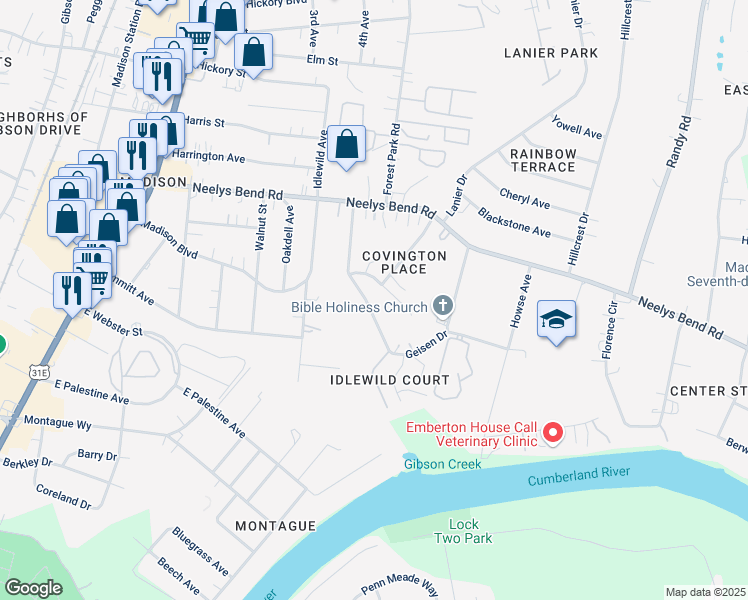 map of restaurants, bars, coffee shops, grocery stores, and more near 831 Idlewild Drive in Nashville