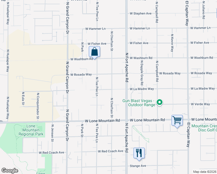 map of restaurants, bars, coffee shops, grocery stores, and more near 5025 North Chieftain Street in Las Vegas