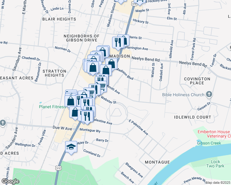 map of restaurants, bars, coffee shops, grocery stores, and more near 214 Emmitt Avenue in Nashville