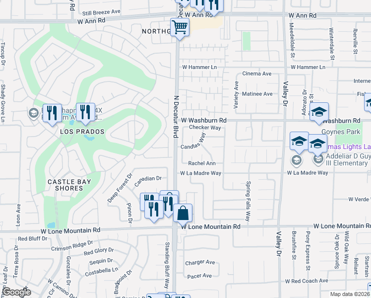 map of restaurants, bars, coffee shops, grocery stores, and more near 5042 Del Shannon Street in North Las Vegas