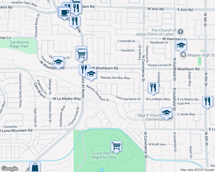 map of restaurants, bars, coffee shops, grocery stores, and more near 5038 Vista Del Rio Way in North Las Vegas