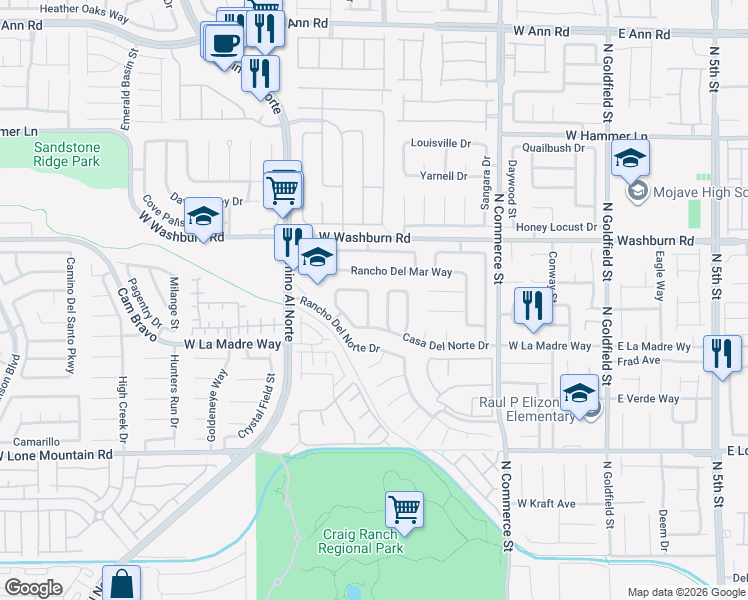 map of restaurants, bars, coffee shops, grocery stores, and more near 5038 Vista Del Rio Way in North Las Vegas