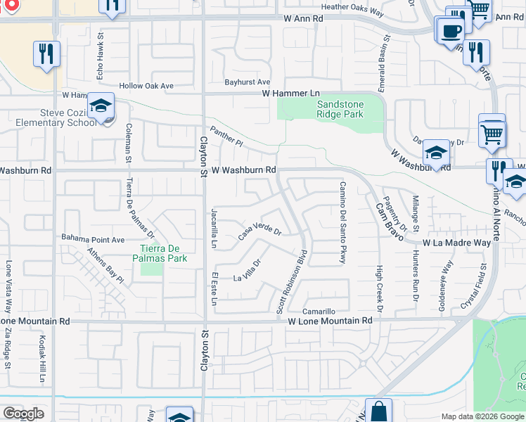 map of restaurants, bars, coffee shops, grocery stores, and more near 1849 Vista Del Oso Way in North Las Vegas