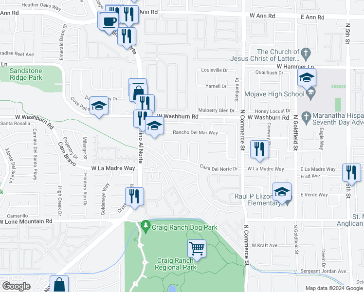 map of restaurants, bars, coffee shops, grocery stores, and more near 5038 Vista Del Rio Way in North Las Vegas