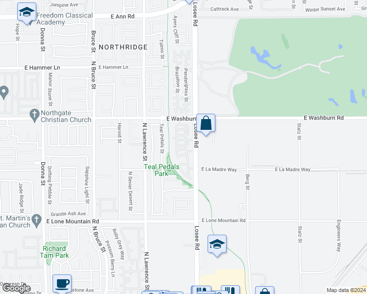 map of restaurants, bars, coffee shops, grocery stores, and more near 5005 Losee Road in North Las Vegas