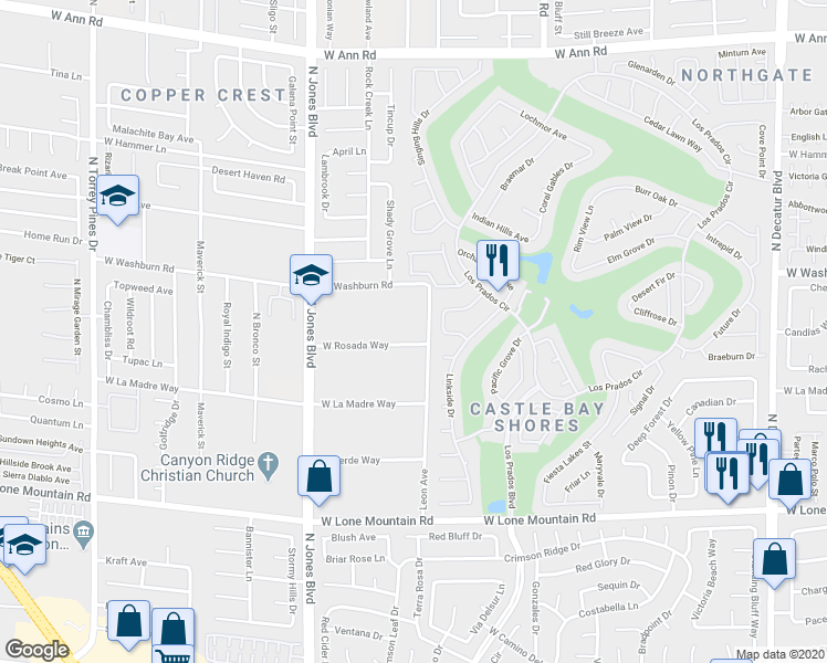 map of restaurants, bars, coffee shops, grocery stores, and more near 5770 West Rosada Way in Las Vegas