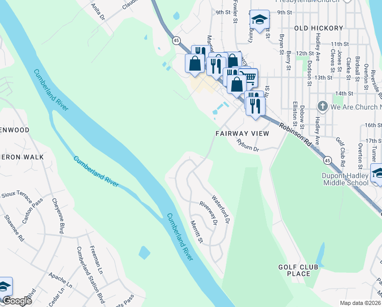map of restaurants, bars, coffee shops, grocery stores, and more near 2108 Riverway Drive in Nashville