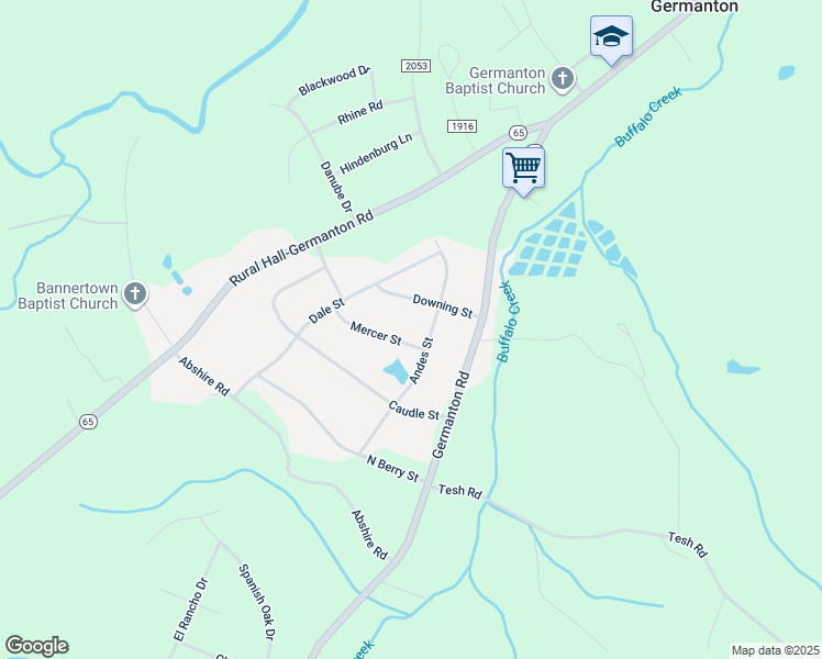 map of restaurants, bars, coffee shops, grocery stores, and more near 2549 Mercer Street in Germanton