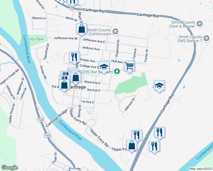 map of restaurants, bars, coffee shops, grocery stores, and more near 425 3rd Ave E in Carthage