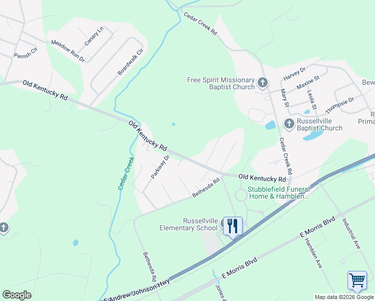 map of restaurants, bars, coffee shops, grocery stores, and more near 5170 Old Kentucky Road in Morristown