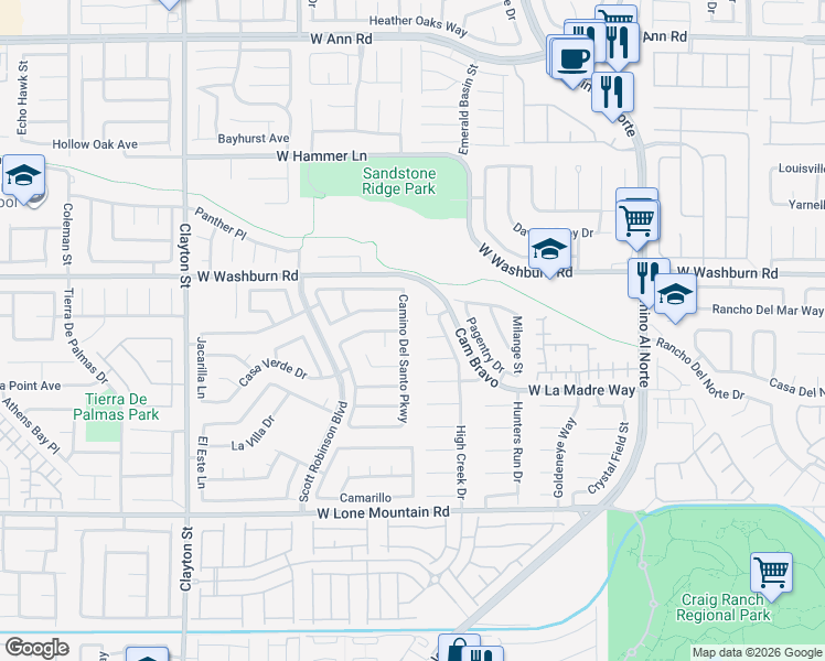 map of restaurants, bars, coffee shops, grocery stores, and more near 5043 Camino Del Santo Parkway in North Las Vegas