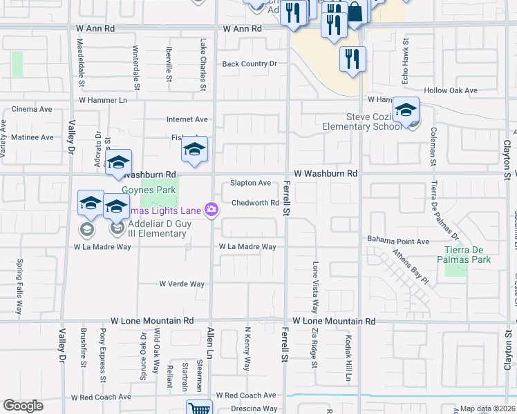map of restaurants, bars, coffee shops, grocery stores, and more near 3505 Chedworth Road in North Las Vegas