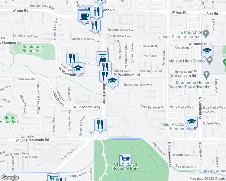 map of restaurants, bars, coffee shops, grocery stores, and more near 720 Rancho Del Norte Drive in North Las Vegas