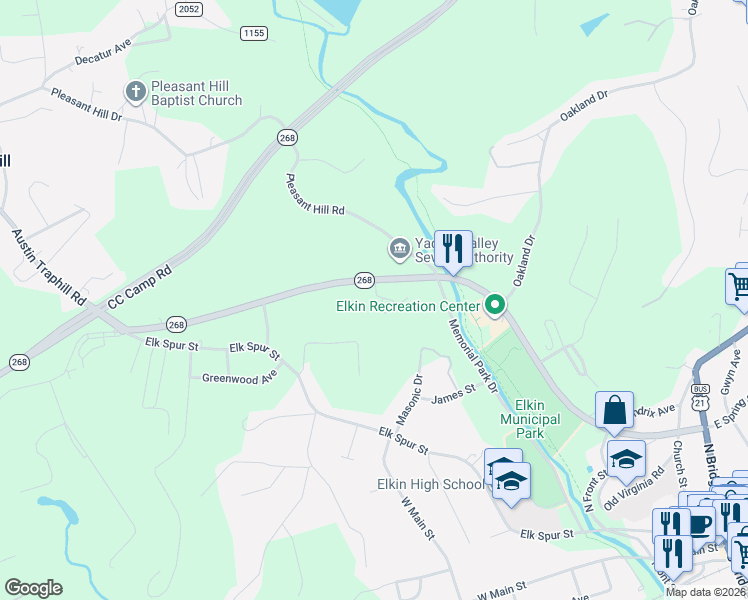 map of restaurants, bars, coffee shops, grocery stores, and more near 565 North Carolina 268 West in Elkin