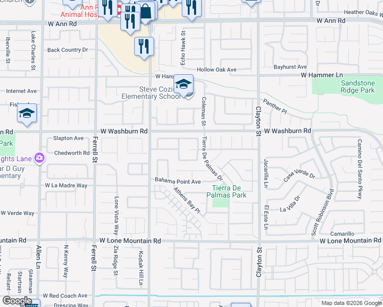 map of restaurants, bars, coffee shops, grocery stores, and more near 2425 Island Paradise Avenue in North Las Vegas
