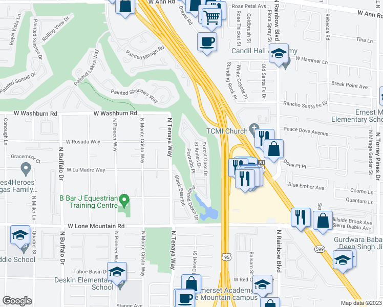 map of restaurants, bars, coffee shops, grocery stores, and more near 5028 Portraits Place in Las Vegas