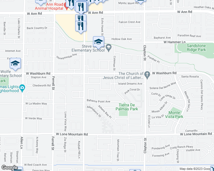 map of restaurants, bars, coffee shops, grocery stores, and more near 2425 Island Paradise Avenue in North Las Vegas
