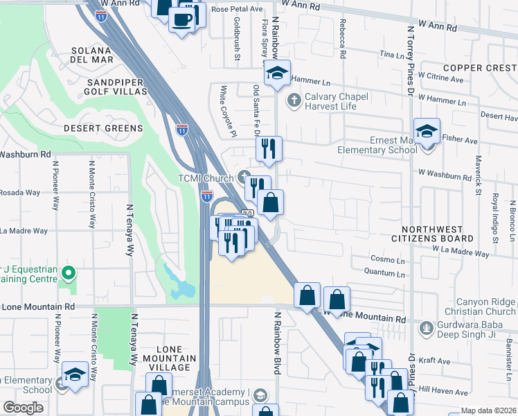 map of restaurants, bars, coffee shops, grocery stores, and more near 5031 North Rainbow Boulevard in Las Vegas