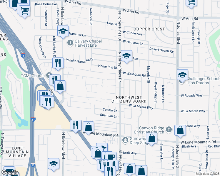 map of restaurants, bars, coffee shops, grocery stores, and more near 6423 West Tigers Lair Court in Las Vegas