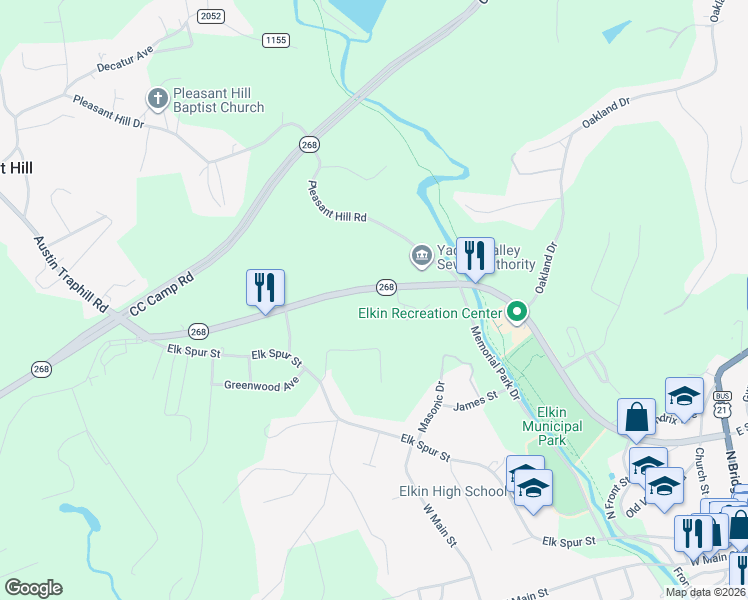 map of restaurants, bars, coffee shops, grocery stores, and more near 565 North Carolina 268 West in Elkin