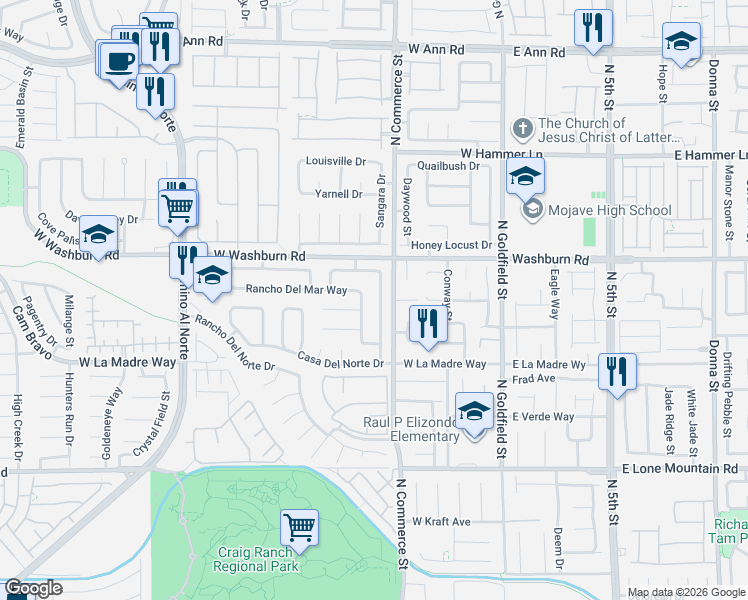 map of restaurants, bars, coffee shops, grocery stores, and more near in North Las Vegas