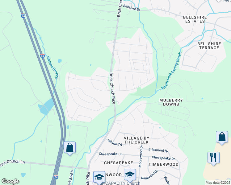 map of restaurants, bars, coffee shops, grocery stores, and more near 3705 Willow Creek Road in Nashville