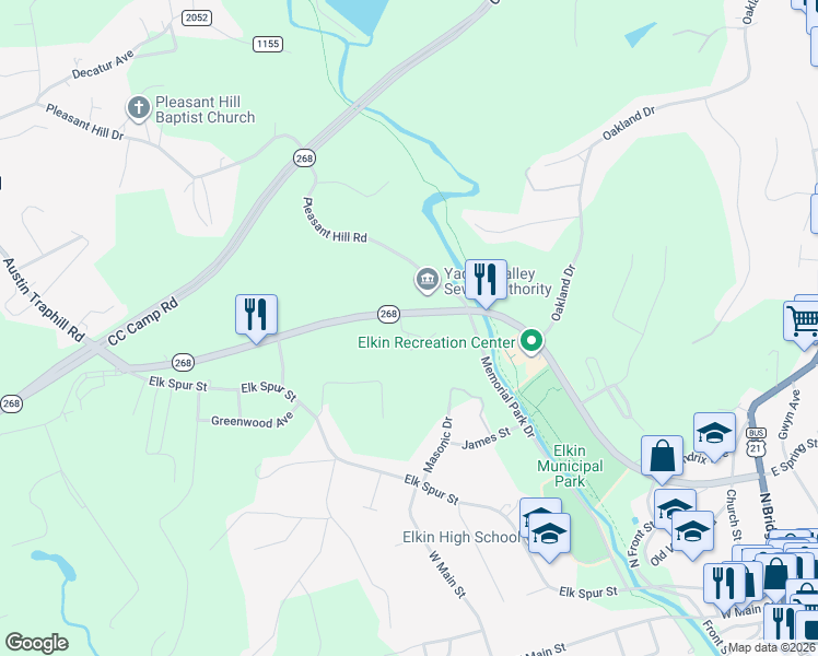 map of restaurants, bars, coffee shops, grocery stores, and more near 500-698 North Carolina 268 Business in Elkin