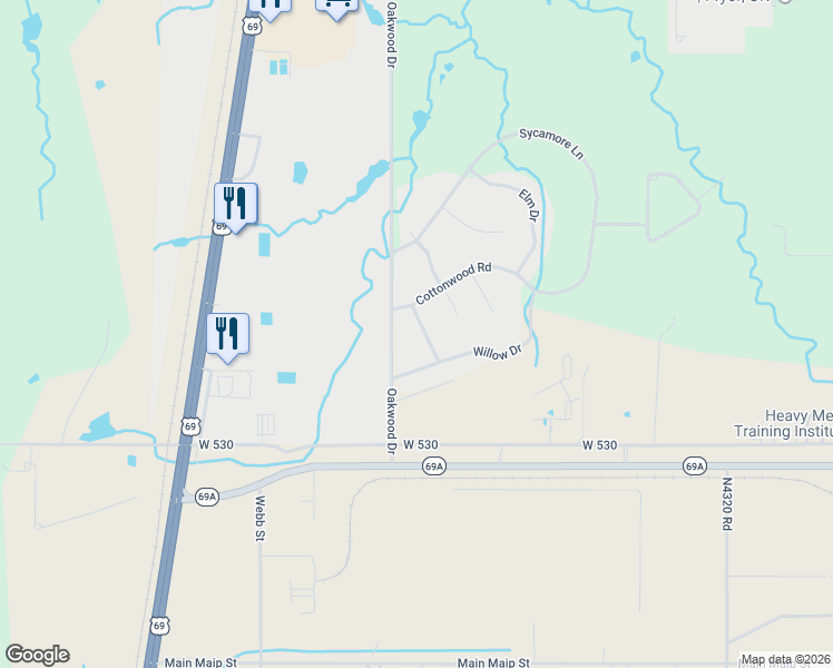 map of restaurants, bars, coffee shops, grocery stores, and more near 19 Maple Road in Pryor