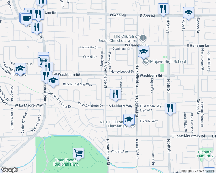 map of restaurants, bars, coffee shops, grocery stores, and more near 209 Crystal Sunset Court in North Las Vegas