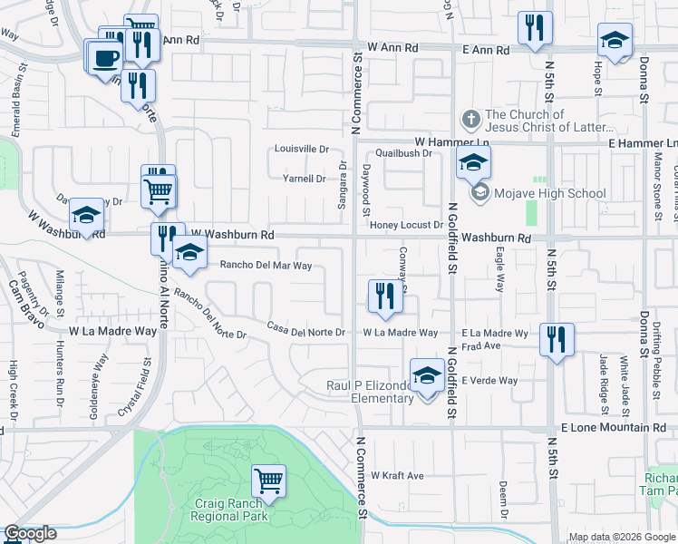 map of restaurants, bars, coffee shops, grocery stores, and more near in North Las Vegas