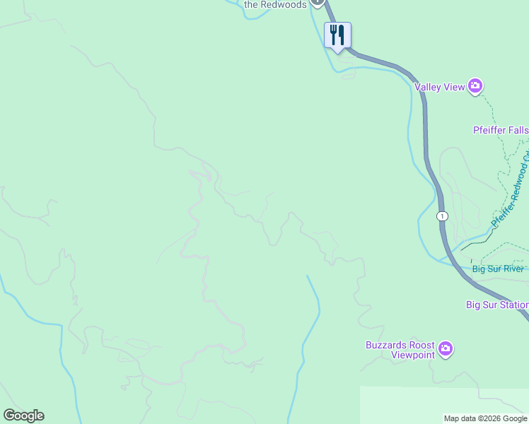 map of restaurants, bars, coffee shops, grocery stores, and more near 46325 Pfeiffer Ridge Road in Big Sur