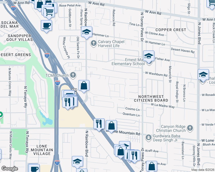map of restaurants, bars, coffee shops, grocery stores, and more near 5050 North Rainbow Boulevard in Las Vegas