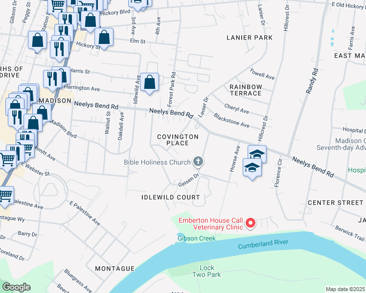map of restaurants, bars, coffee shops, grocery stores, and more near 404 Elaine Court in Nashville