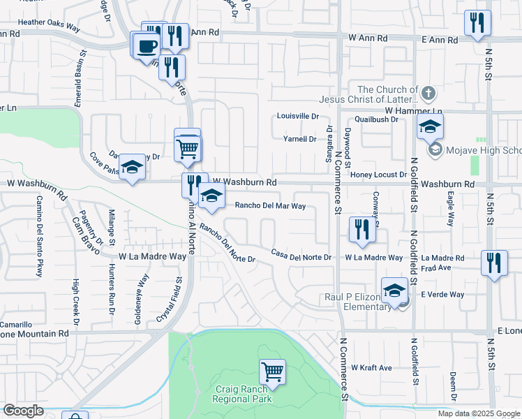 map of restaurants, bars, coffee shops, grocery stores, and more near 529 Rancho Del Mar Way in North Las Vegas
