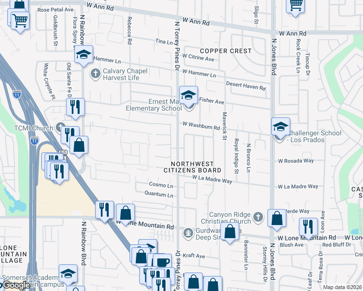map of restaurants, bars, coffee shops, grocery stores, and more near 5101 Chambliss Drive in Las Vegas