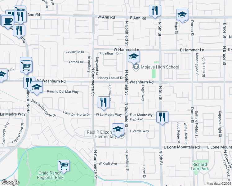 map of restaurants, bars, coffee shops, grocery stores, and more near in North Las Vegas