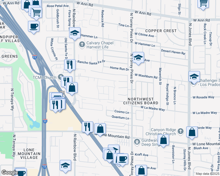 map of restaurants, bars, coffee shops, grocery stores, and more near 6445 White Tiger Court in Las Vegas
