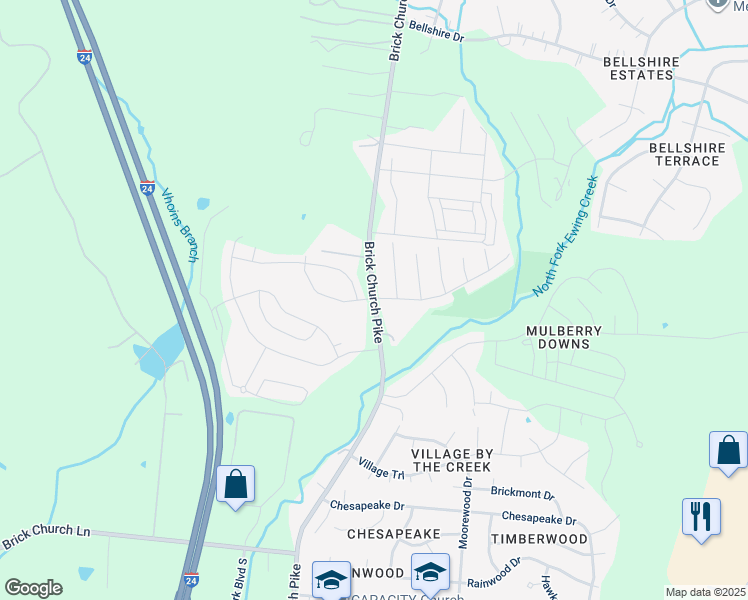 map of restaurants, bars, coffee shops, grocery stores, and more near 3705 Willow Creek Road in Nashville
