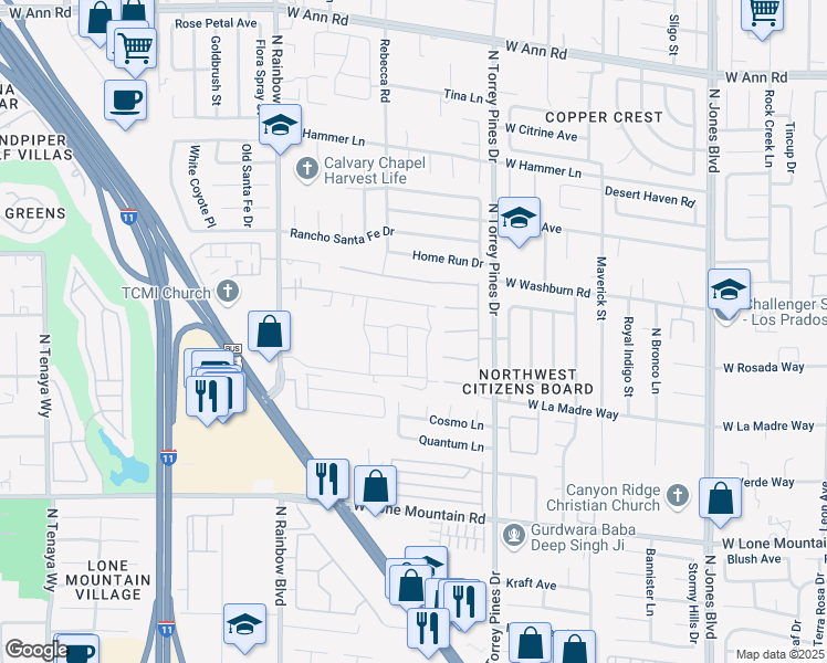 map of restaurants, bars, coffee shops, grocery stores, and more near 6445 White Tiger Court in Las Vegas