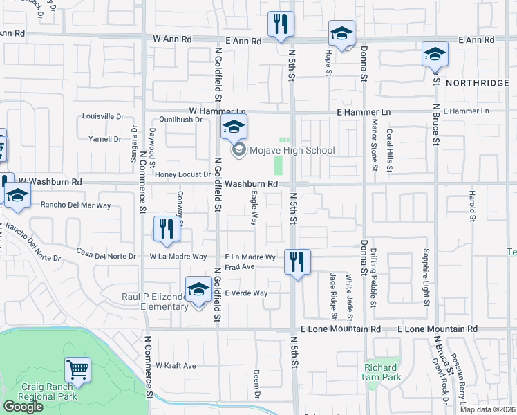 map of restaurants, bars, coffee shops, grocery stores, and more near 5132 Eagle Way in North Las Vegas