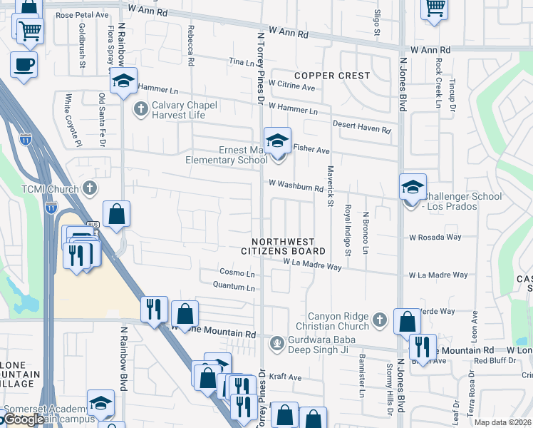 map of restaurants, bars, coffee shops, grocery stores, and more near 5101 Chambliss Drive in Las Vegas