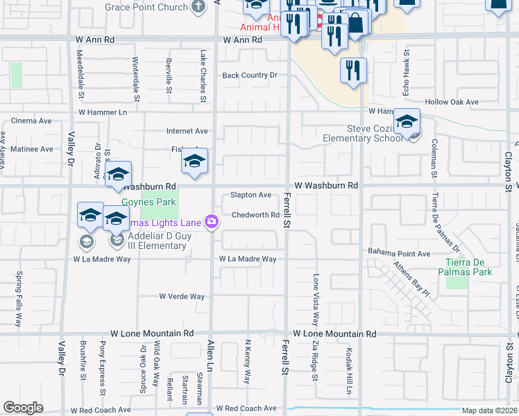 map of restaurants, bars, coffee shops, grocery stores, and more near 5120 Wedmore Court in North Las Vegas