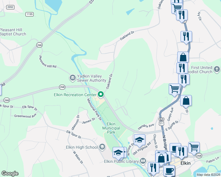 map of restaurants, bars, coffee shops, grocery stores, and more near 765 Oakland Drive in Elkin
