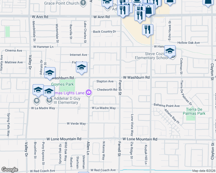 map of restaurants, bars, coffee shops, grocery stores, and more near 3507 Slapton Avenue in North Las Vegas