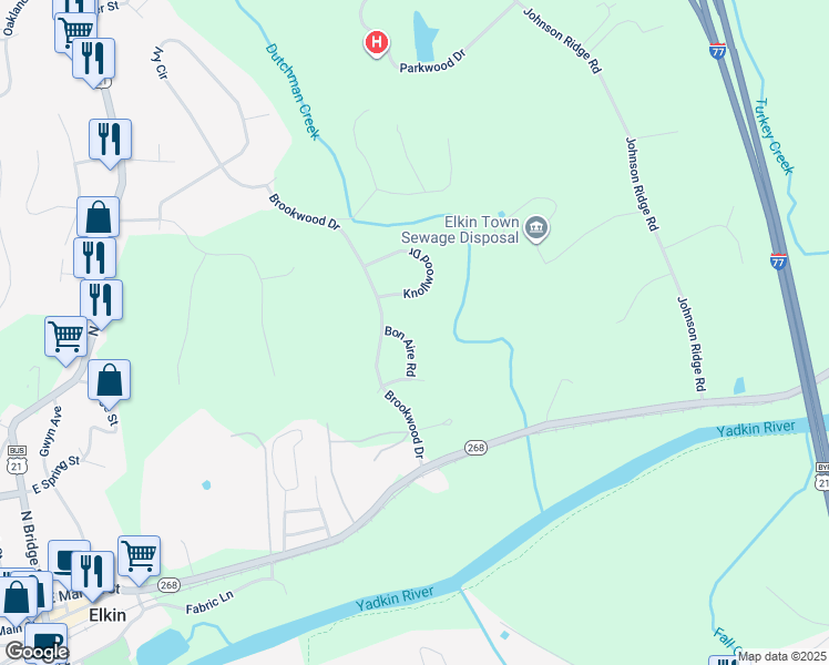 map of restaurants, bars, coffee shops, grocery stores, and more near 123 Bon Aire Road in Elkin