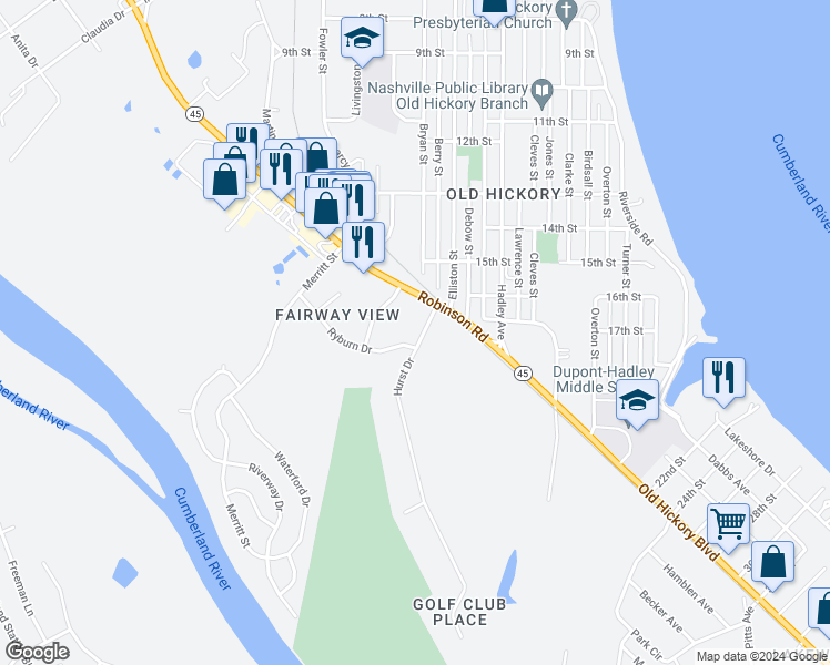 map of restaurants, bars, coffee shops, grocery stores, and more near 106 Hurst Drive in Nashville