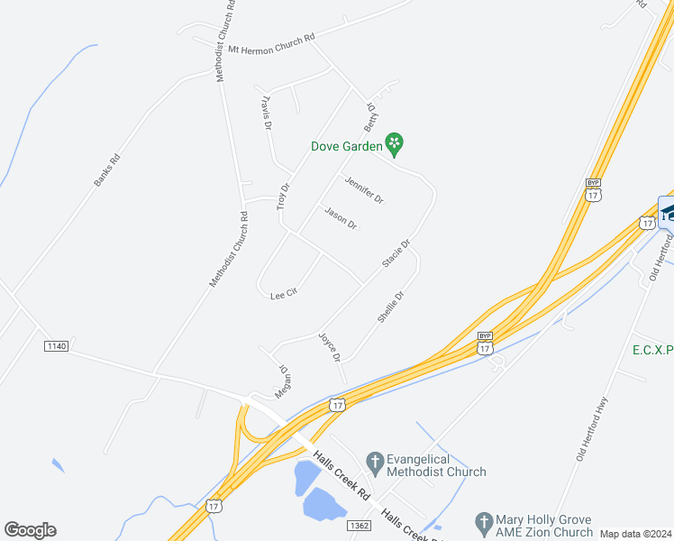 map of restaurants, bars, coffee shops, grocery stores, and more near 505 Troy Drive in Elizabeth City