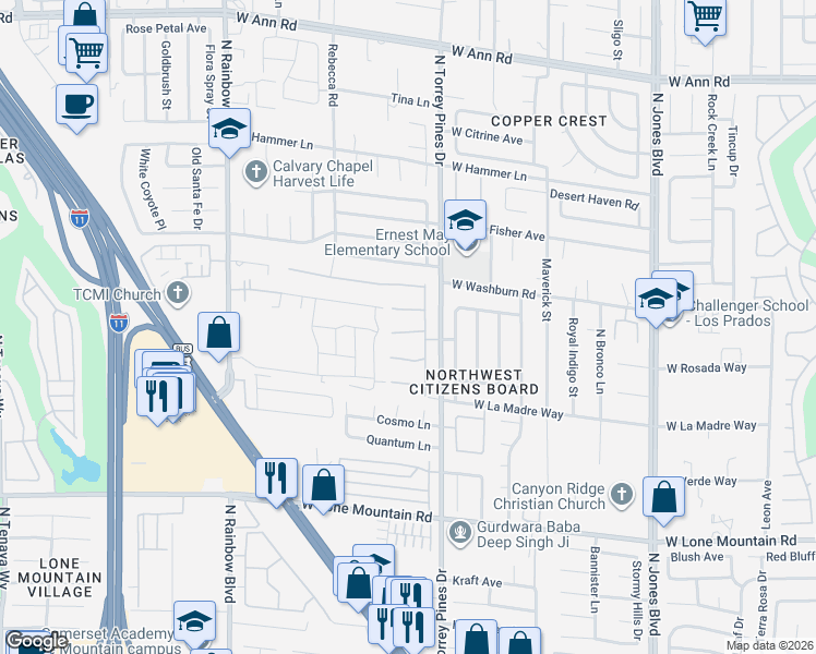 map of restaurants, bars, coffee shops, grocery stores, and more near 5112 North Mirage Garden Street in Las Vegas