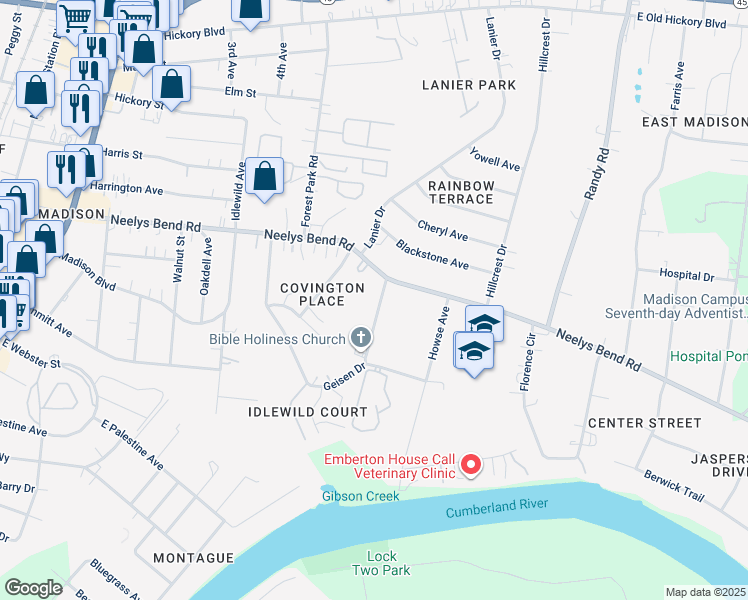 map of restaurants, bars, coffee shops, grocery stores, and more near 919 Idlewild Drive in Nashville